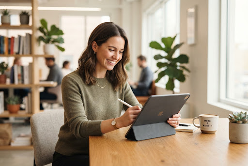 Jeune femme utilisant une tablette pour apprendre les mathématiques